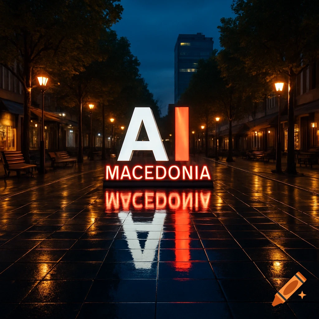Nighttime urban promenade, wet paving, illuminated 'AI MACEDONIA' sign, warm streetlights, reflective puddles, distant skyscraper.