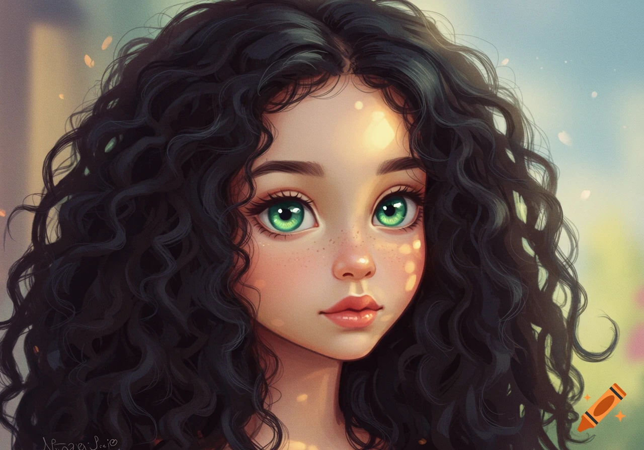 Close-up cartoon portrait of a girl with dark curly hair, large green eyes, and freckles, with soft lighting.