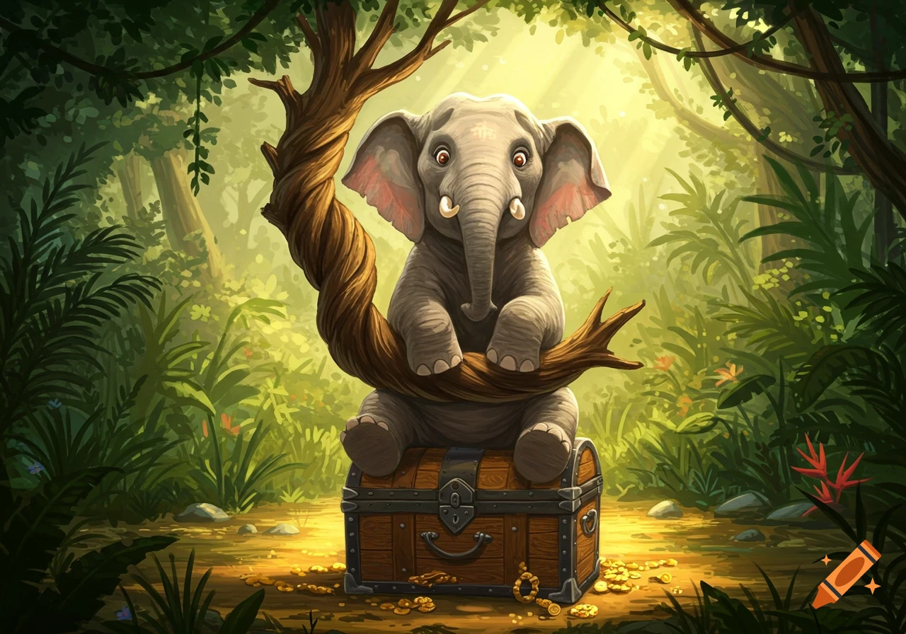 A cute cartoon baby elephant sits on a wooden treasure chest, holding a twisted tree branch in a vibrant jungle setting with golden light.