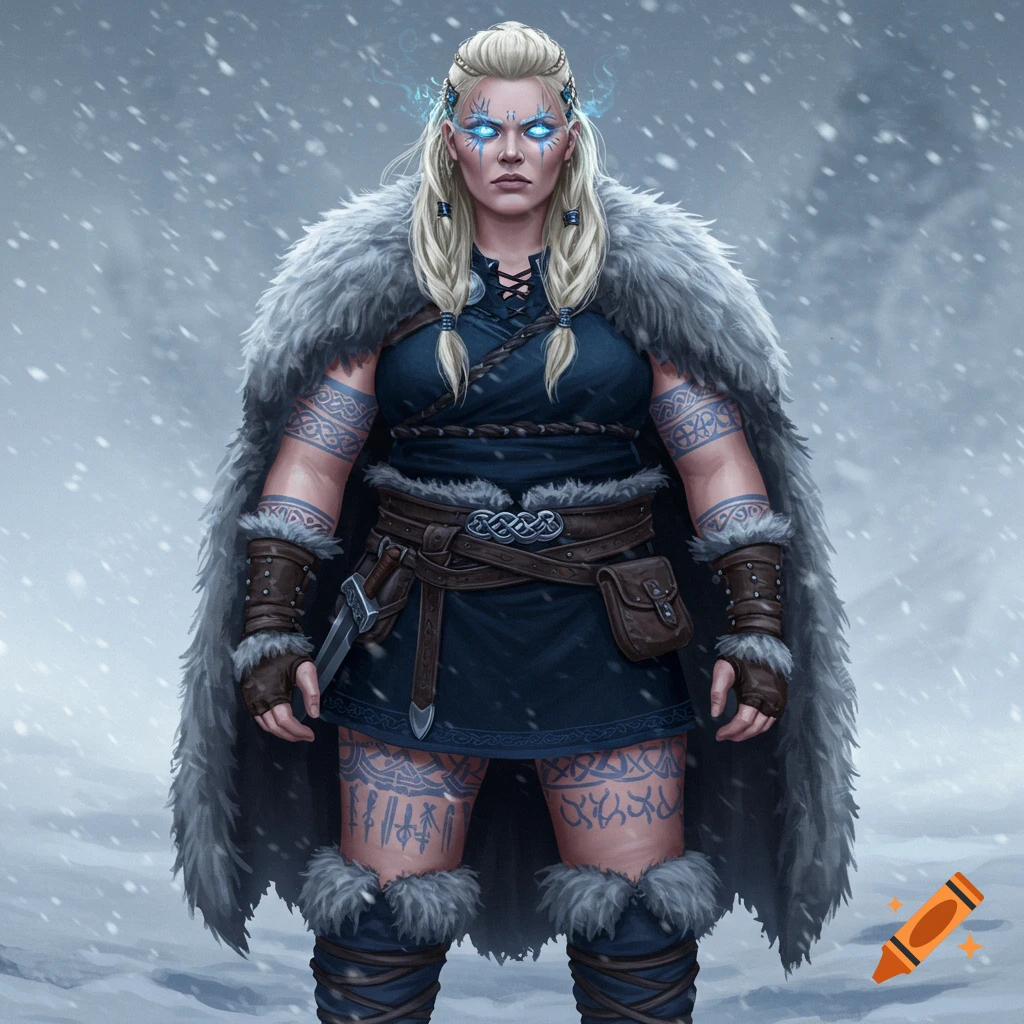 Blonde woman with glowing blue eyes and viking tattoos, wearing a fur cloak and dark blue tunic, standing in a snowy landscape.