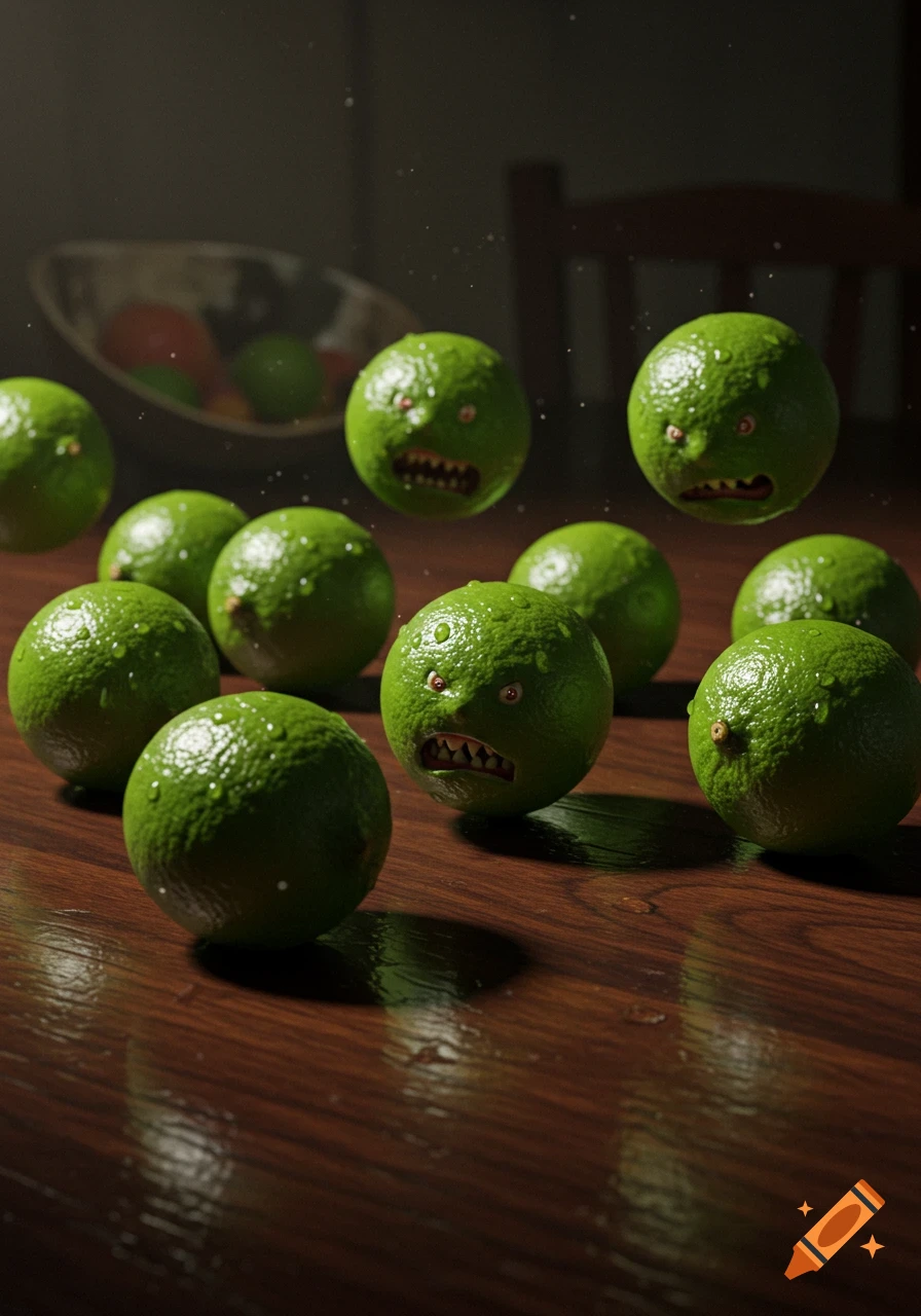 Photorealistic image of many angry, evil-faced limes with sharp teeth scattered on a wet wooden table, with some floating.