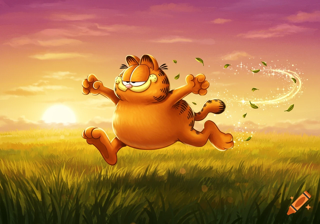 Cartoon Garfield the cat joyfully runs and jumps across a golden field under a vibrant sunset, with leaves and sparkles trailing behind him.