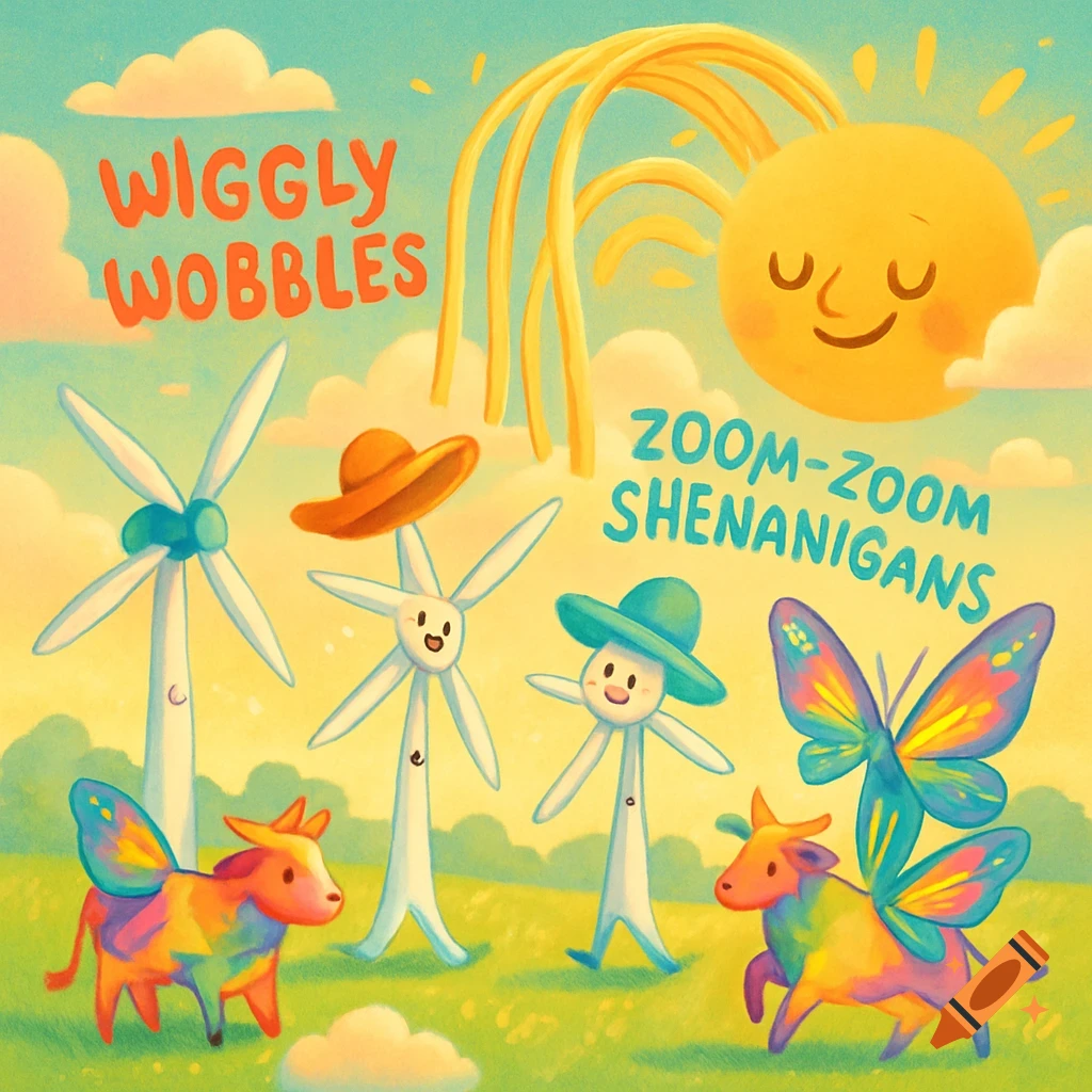 A whimsical cartoon landscape with a smiling sun, personified wind turbines, colorful cows with butterfly wings, and text 'Wiggly Wobbles' and 'Zoom-Zoom Shenanigans'.