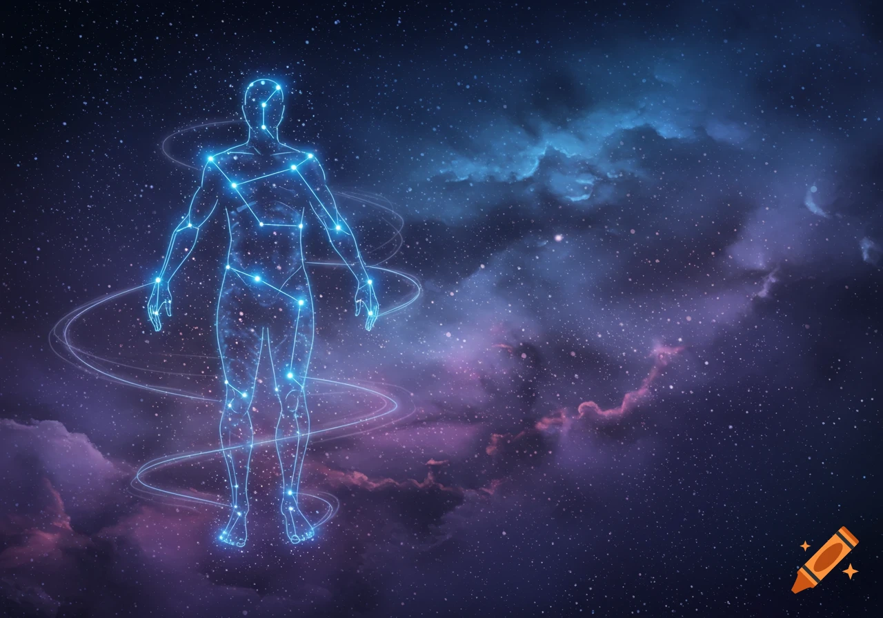 Glowing blue constellation in the shape of a man against a dark, starry space background with colorful nebulas.