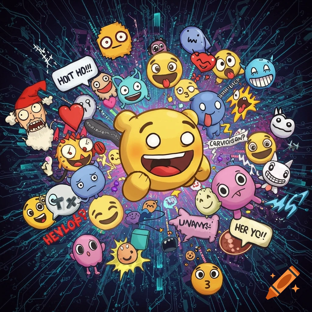 A vibrant cartoon illustration featuring a large happy yellow emoji surrounded by many diverse, expressive emojis and characters on a glowing circuit board background.