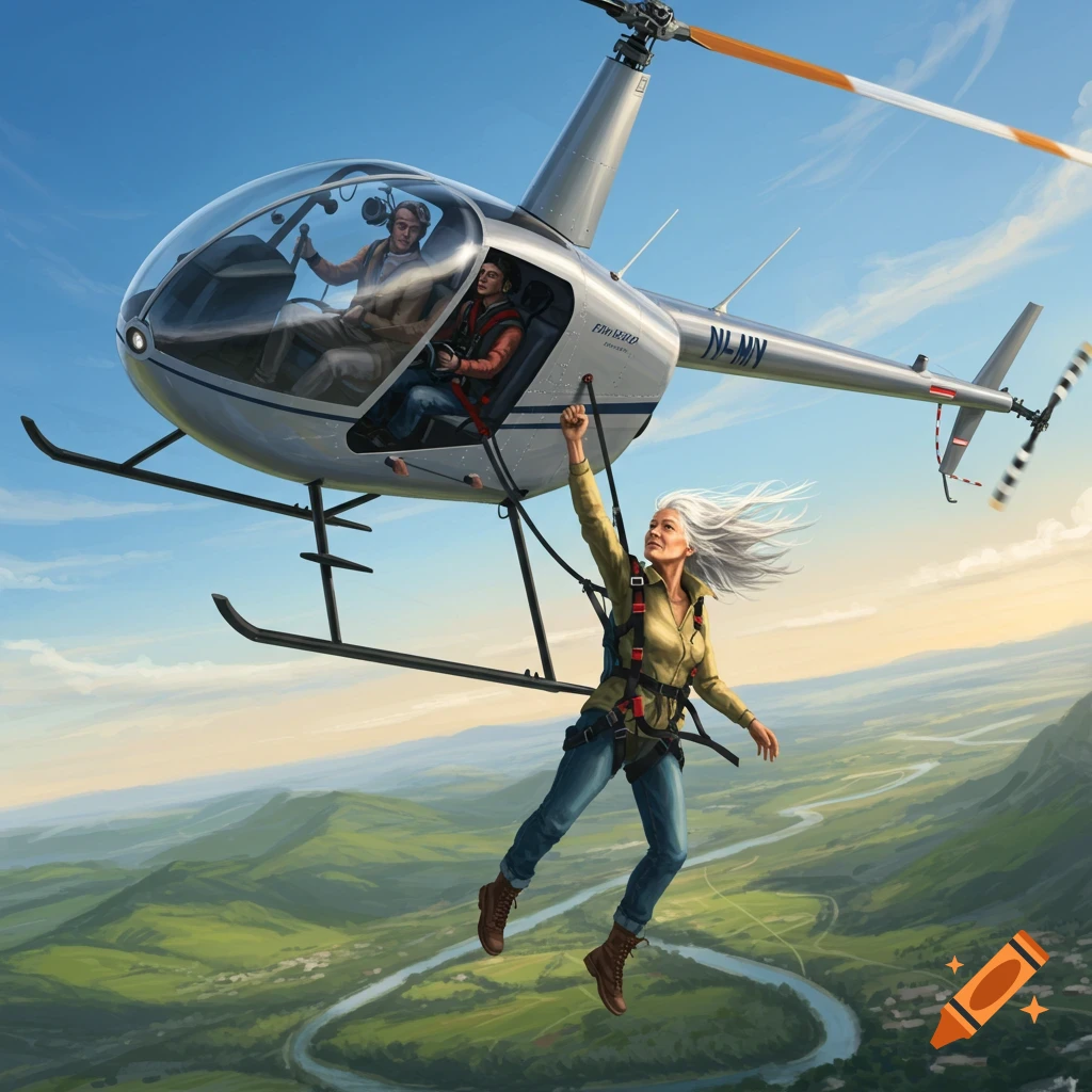 An older woman hangs from a helicopter flying over a lush green mountainous landscape and river under a blue sky.