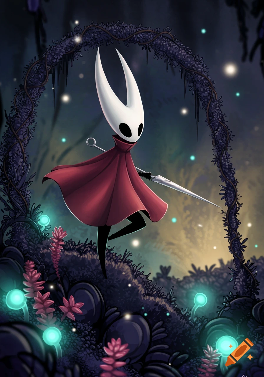 Hornet from Hollow Knight, a white masked character in a red cloak, holds a needle-like weapon in a dark, glowing forest.