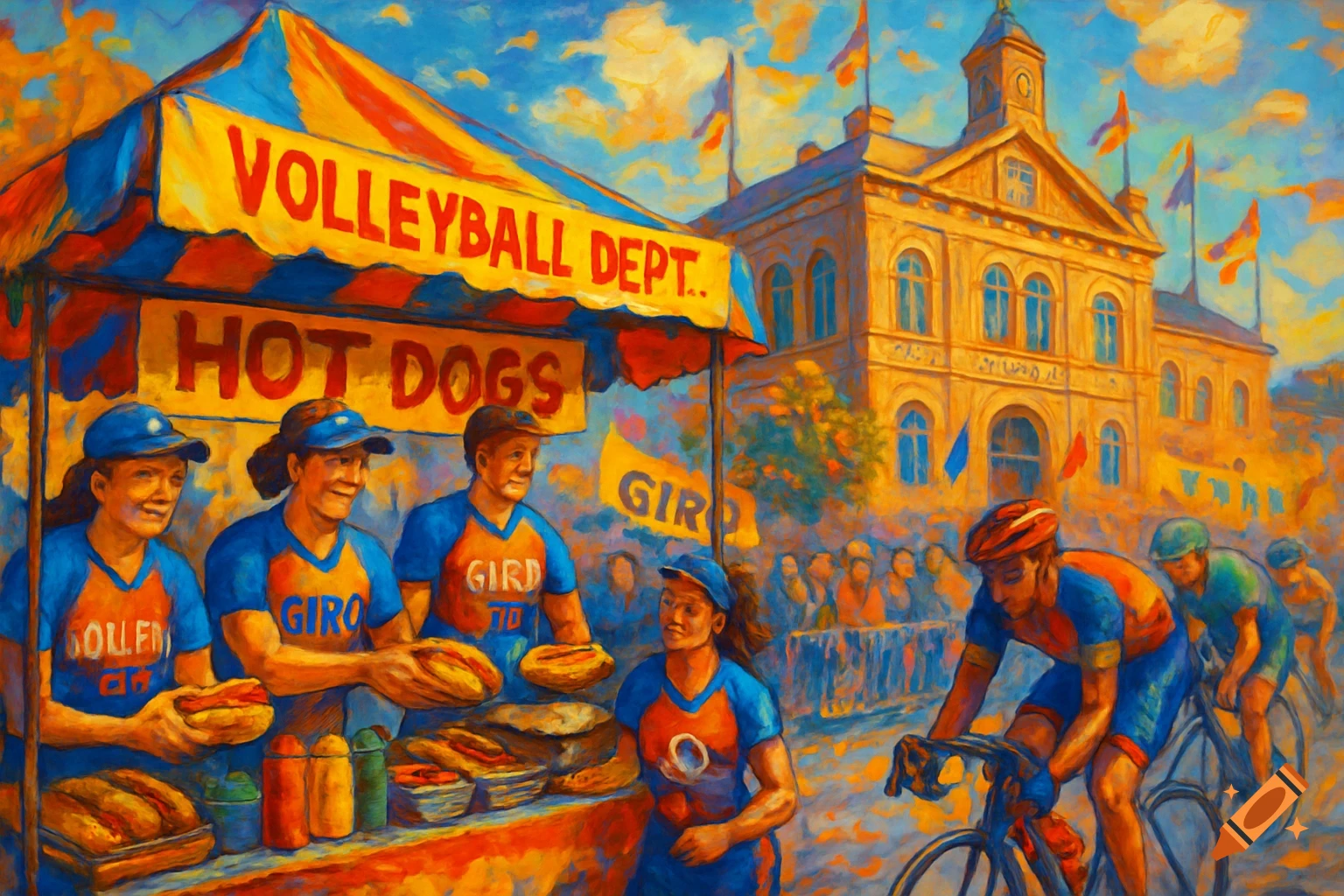 An impressionistic painting of a vibrant street market with a hotdog stand from the 'Volleyball Dept.' and cyclists passing by a grand building.