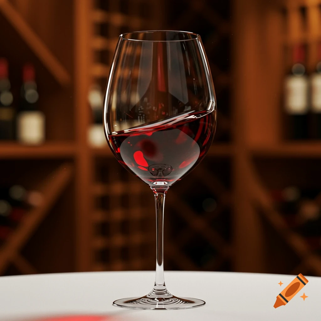 A close-up, photorealistic shot of a stemmed glass of red wine with a slight swirl, against a blurred wine cellar background.