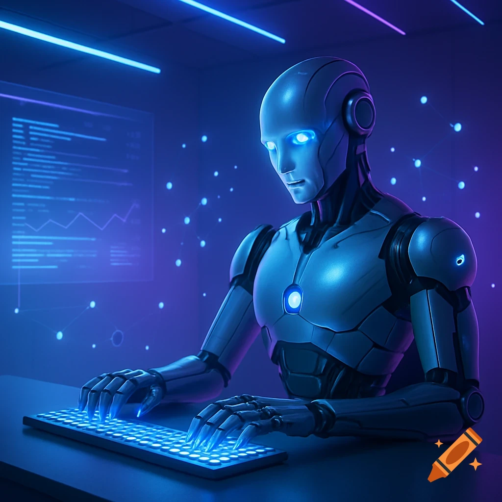 A futuristic robot with glowing blue eyes and chest light types on a glowing keyboard in a neon-lit, data-filled room.
