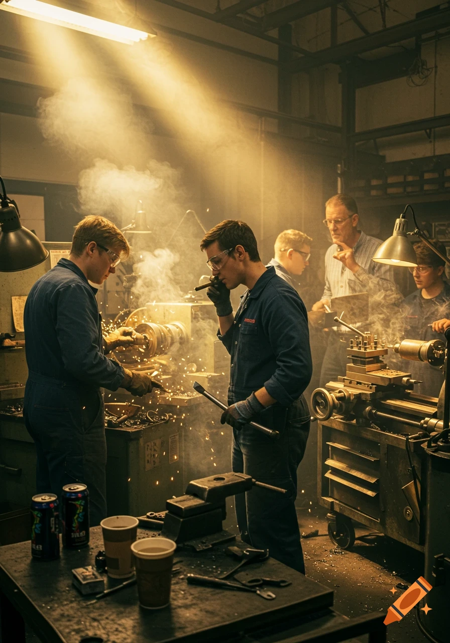 Men in overalls working on lathes in a smoky, golden-lit workshop, with coffee cups and soda cans on a table in the foreground.