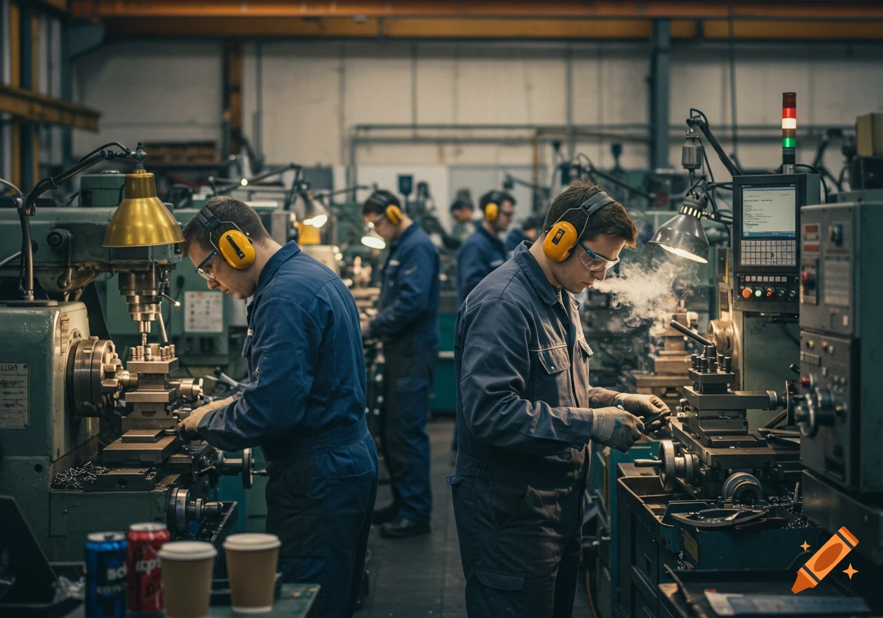 Photorealistic image of several machinists in blue overalls and safety gear working on metal lathes in a busy workshop.