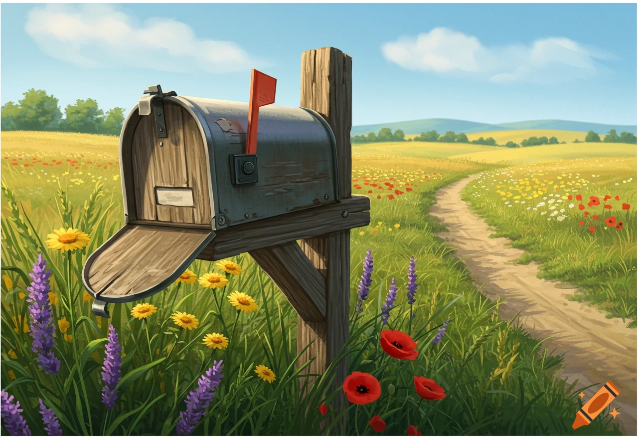 Illustrated rustic mailbox in a colorful wildflower field with a winding dirt path under a blue sky.