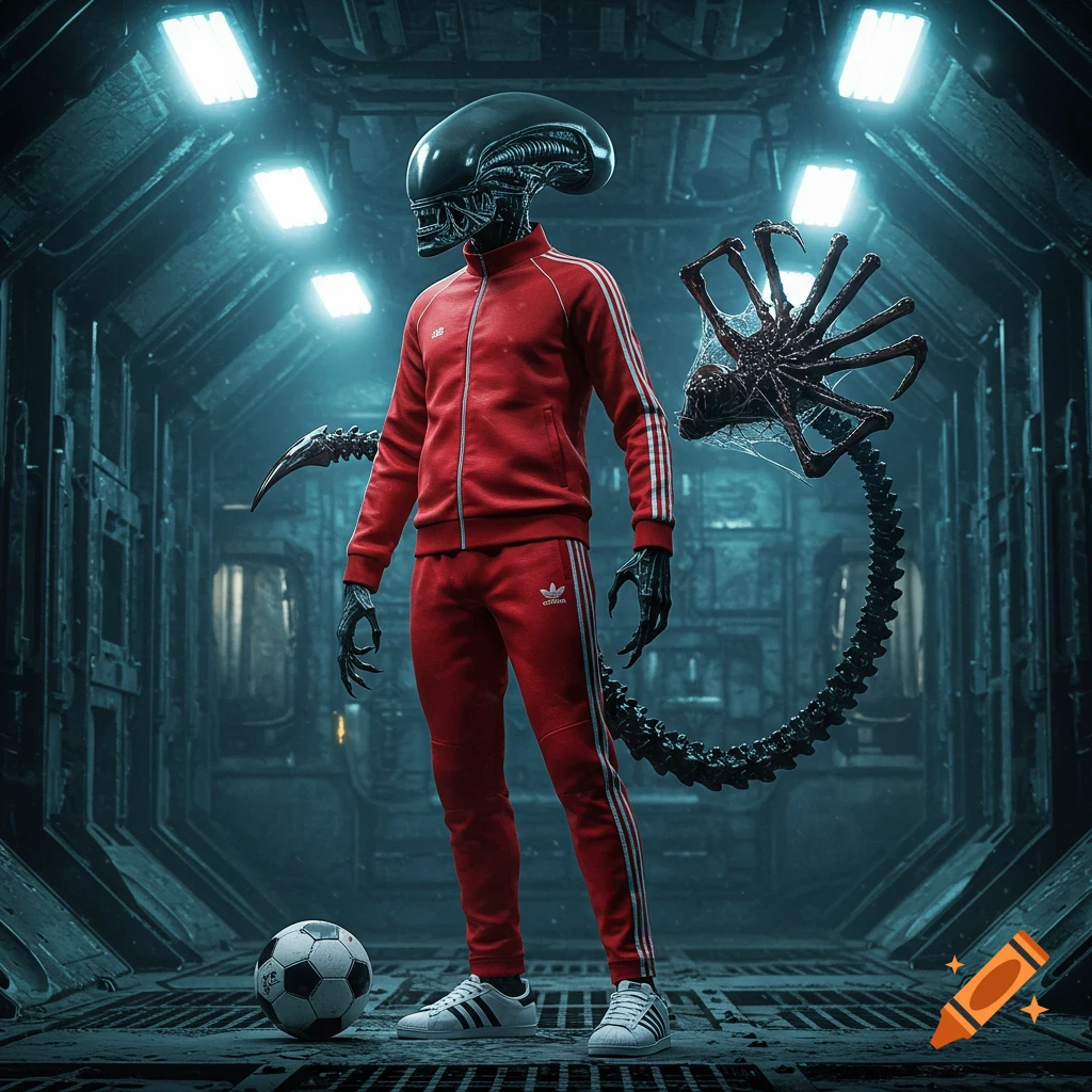 A photorealistic Xenomorph alien, wearing a red Adidas tracksuit and sneakers, stands next to a soccer ball in a dimly lit spaceship corridor. A facehugger is attached to its tail.