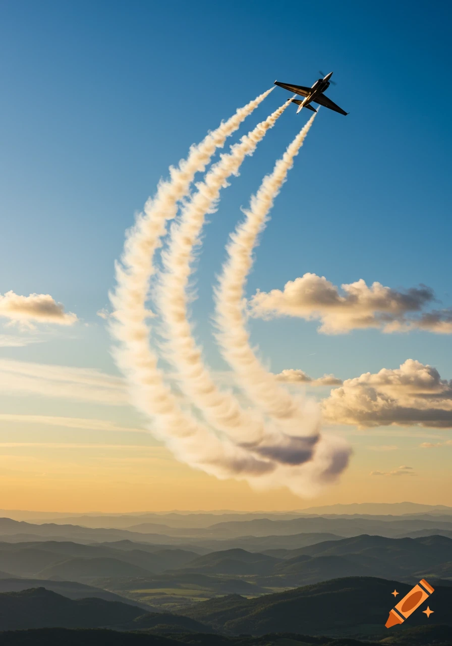 A small plane flies upward leaving three looping white smoke trails across a blue and golden sky over distant mountains.