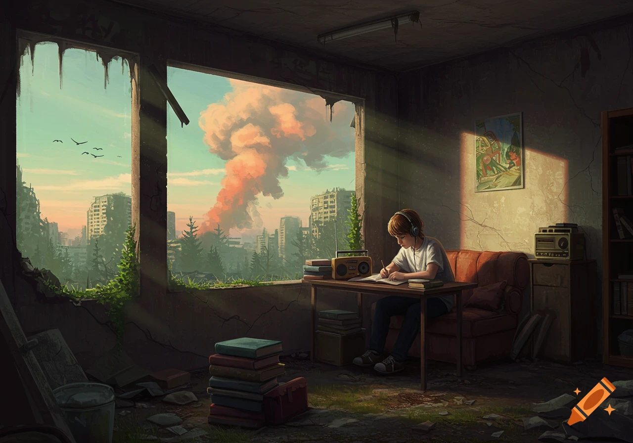 An illustration of a young person studying in a ruined room, a city with a mushroom cloud seen through the window.