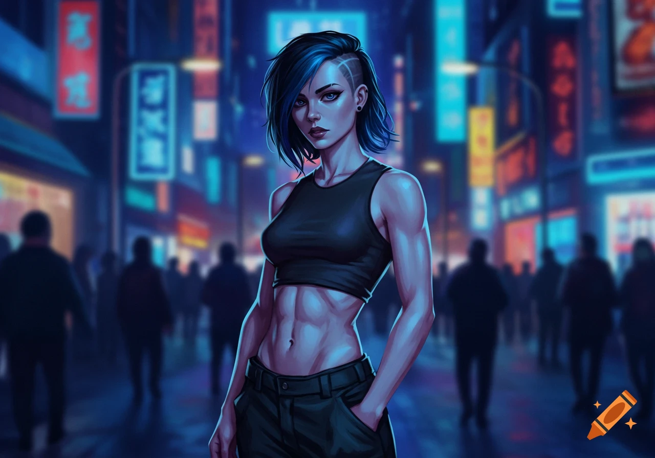 A stylized, athletic woman with blue hair and a shaved side stands in a neon-lit cyberpunk city at night.