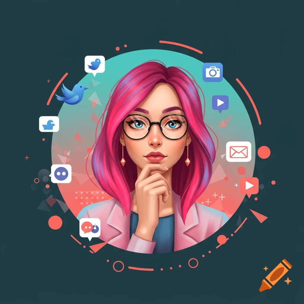 Digital illustration of a pink-haired woman with glasses, surrounded by various social media icons in a round frame.