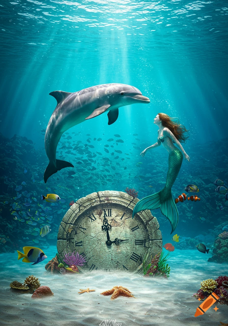 An underwater scene with a dolphin and mermaid swimming around an ancient, mossy stone clock on the sandy seafloor.