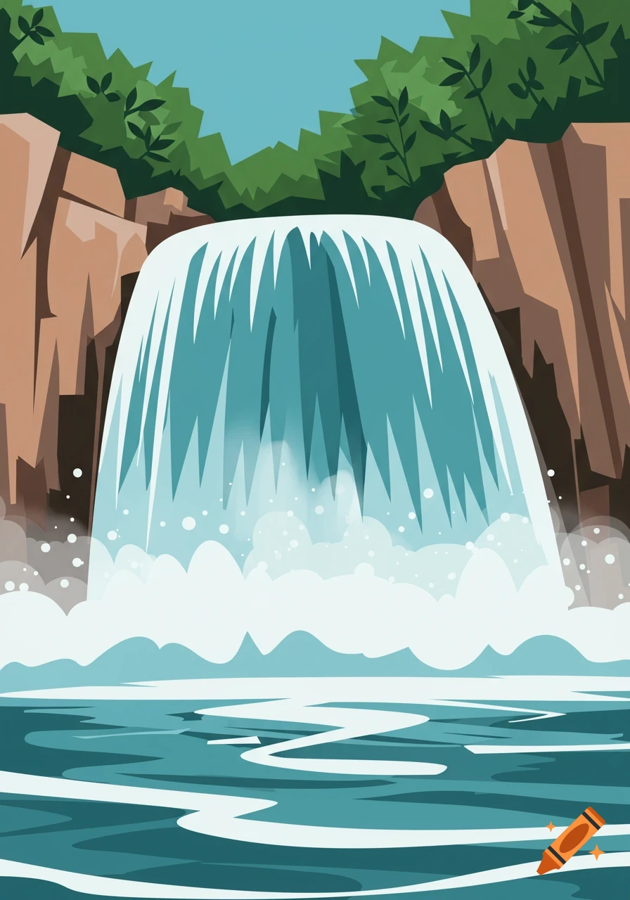 Stylized vector art of a waterfall cascading between rocky cliffs into a pool of water, with green foliage at the top.