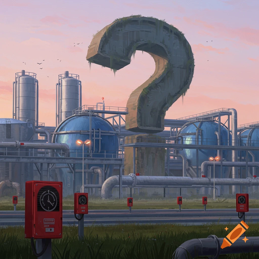 A massive, moss-covered stone question mark hovers over an industrial wastewater treatment plant with red fire alarm boxes in the foreground at sunset.
