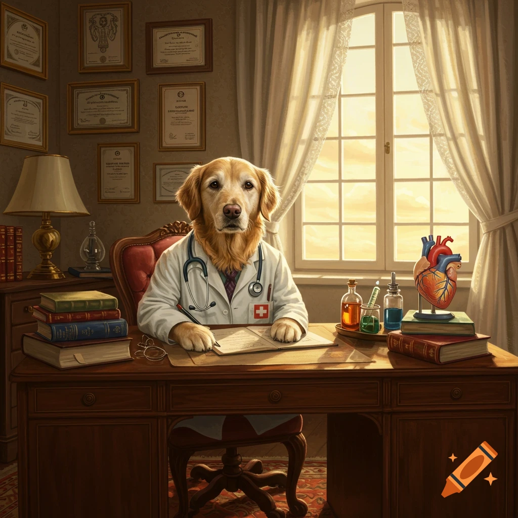 A photorealistic golden retriever in a doctor's coat and stethoscope sits at a desk in a professional office.
