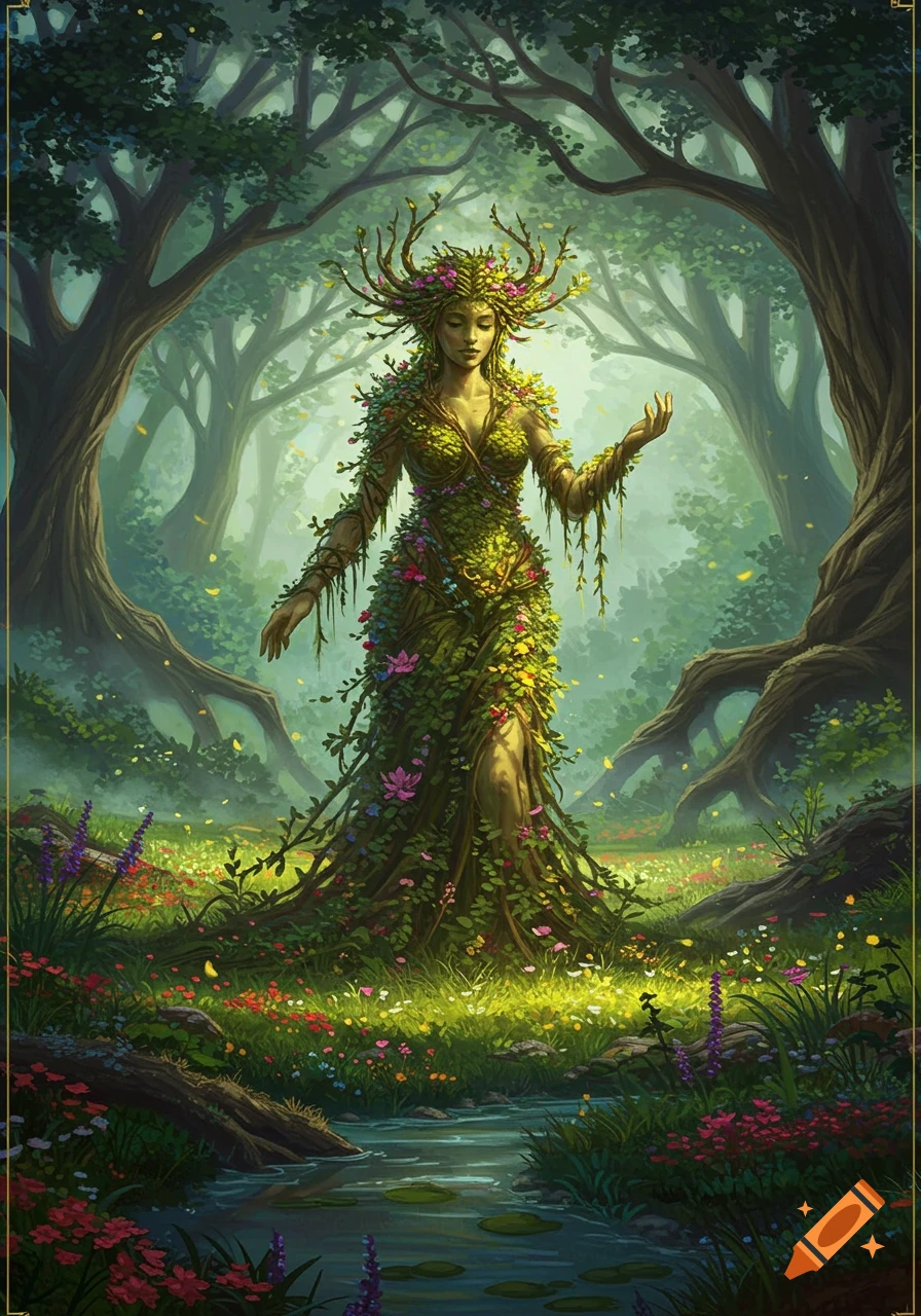 A vibrant fantasy painting of a nature goddess (Gaia) covered in leaves and flowers, standing in a lush forest clearing.