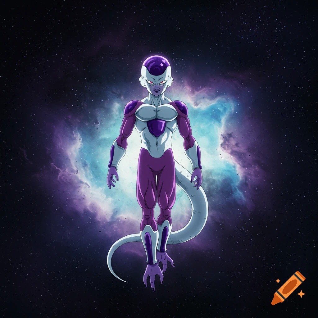 Frieza from Dragon Ball stands centered against a swirling purple and blue nebula in space, in an anime style.