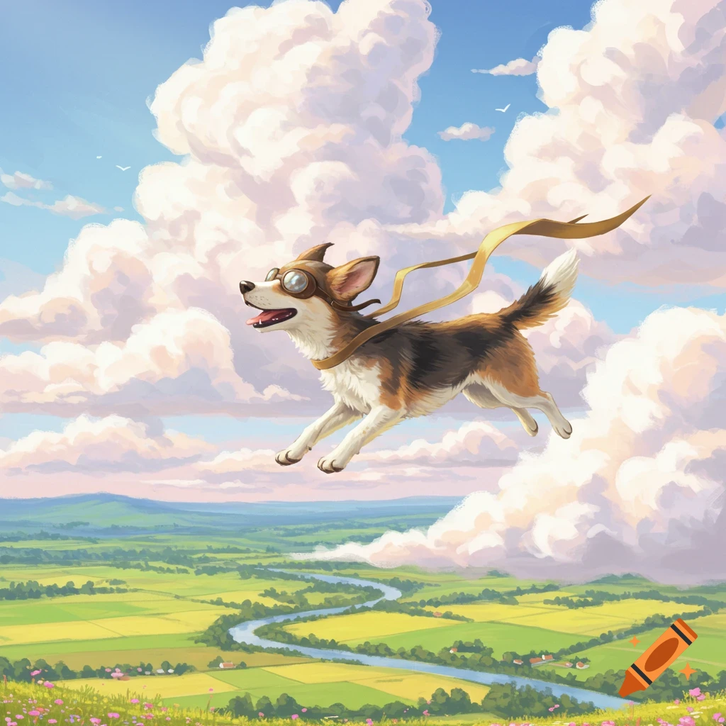 A happy tricolor dog in aviator goggles and a yellow scarf flies through a cloudy sky above a green landscape with a river, in a digital art style.