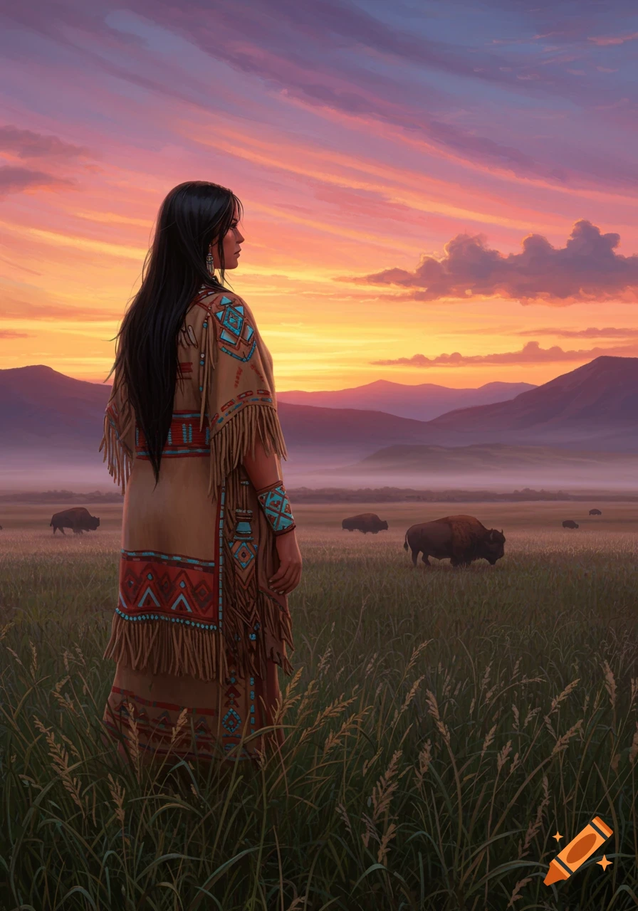 Digital painting of an Indigenous woman in traditional attire looking out over a grassy field with bison at sunset.