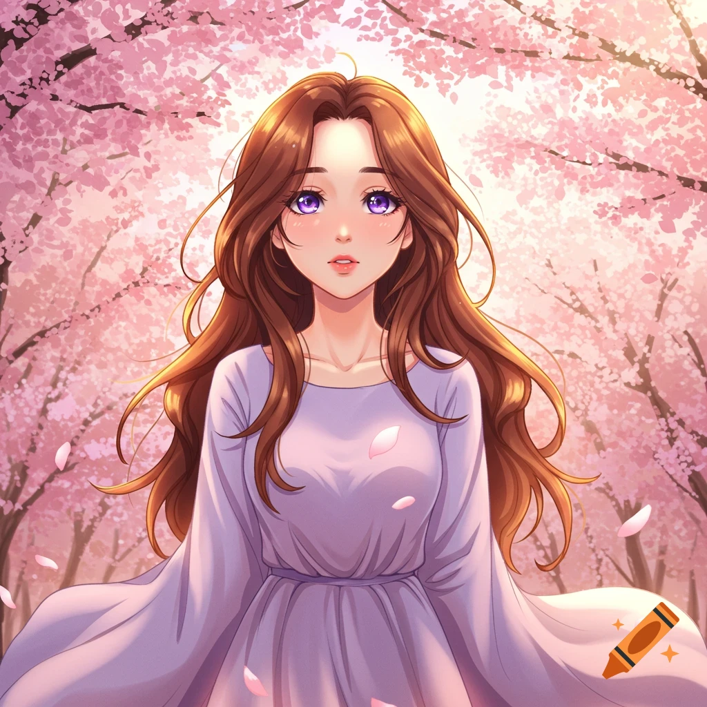 Anime girl with long brown hair and purple eyes in a light purple dress, standing in a cherry blossom forest with falling petals.
