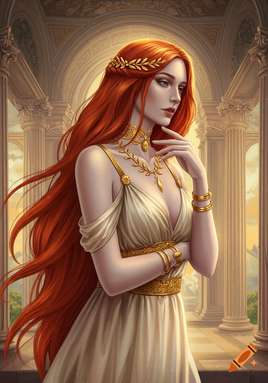 A beautiful pale woman with long red hair and gold jewelry, wearing an ancient Greek dress, in a classical temple setting.