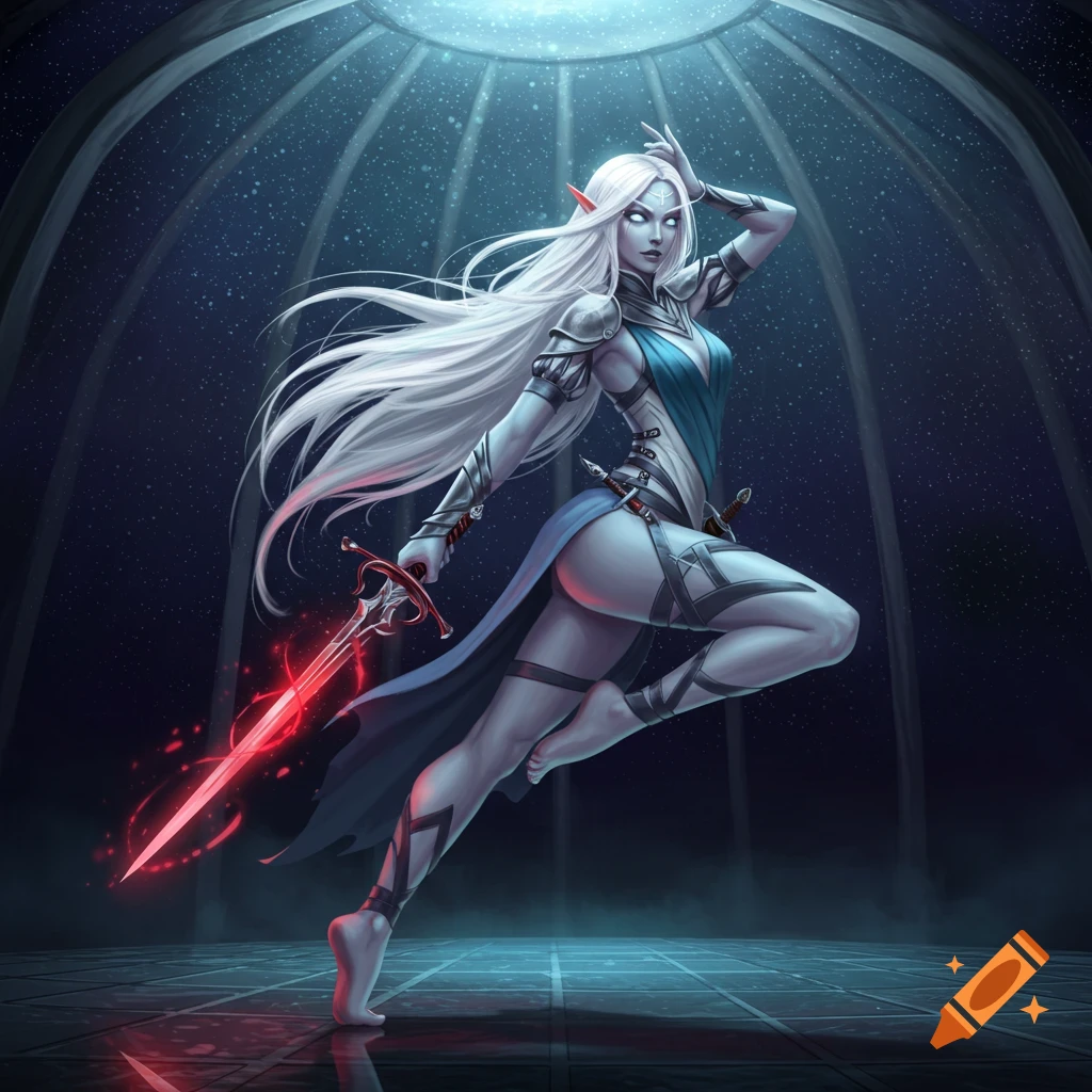 A pale moon elf with white hair in a dynamic pose, holding a glowing red rapier, wearing elven dancer attire under a starry dome.