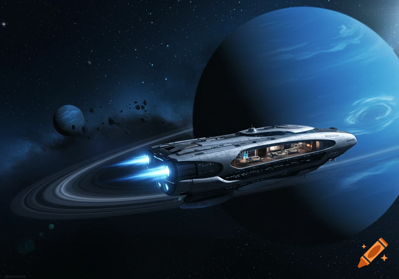 A sleek futuristic spaceship with illuminated windows and blue thrusters flies past a large, blue ringed planet and a distant moon in deep space.