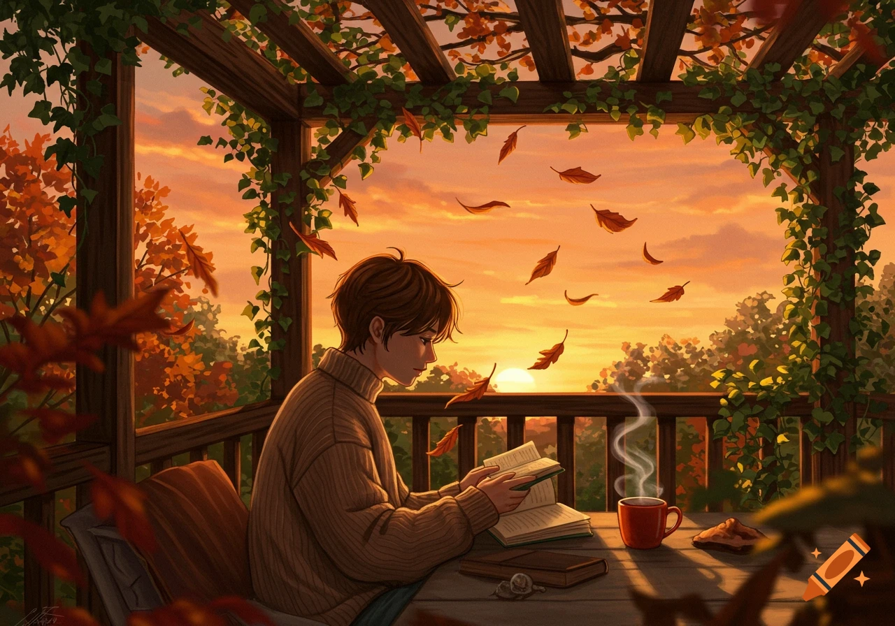 An illustrated person reads a book on a vine-covered porch during an autumn sunset, with falling leaves and a steaming mug.