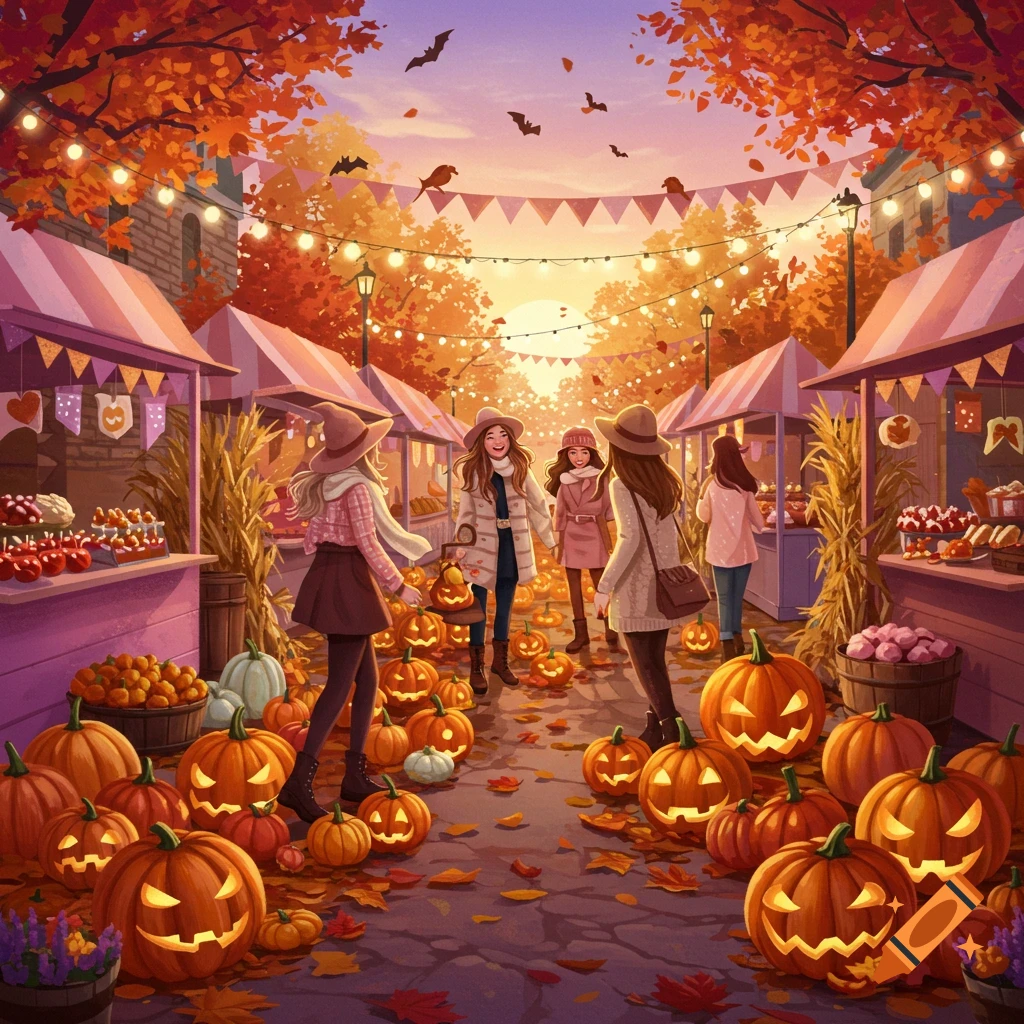 Illustrated whimsical fall festival with women, jack-o'-lanterns, market stalls, and autumn leaves at sunset.