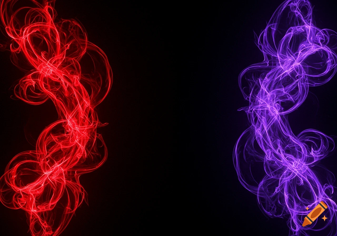 Abstract glowing red patterns on the left and purple patterns on the right on a black background.