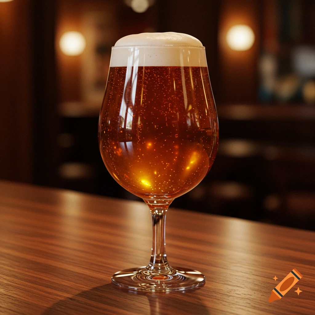 Photorealistic glass of frothy amber beer on a wooden bar counter with a blurred background.