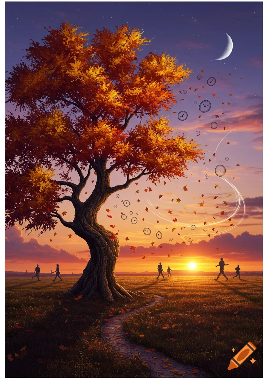 A large autumn tree with falling leaves and clocks, silhouetted figures in a field at sunset under a crescent moon, in a fantastical style.