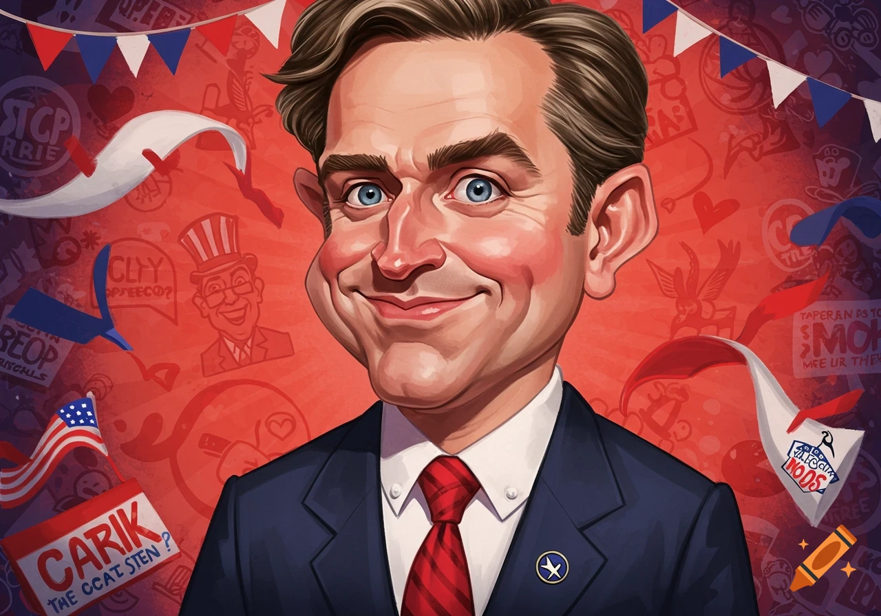 Caricature of a smiling man in a suit and red tie, with blue eyes and brown hair, against a red background with patriotic banners.