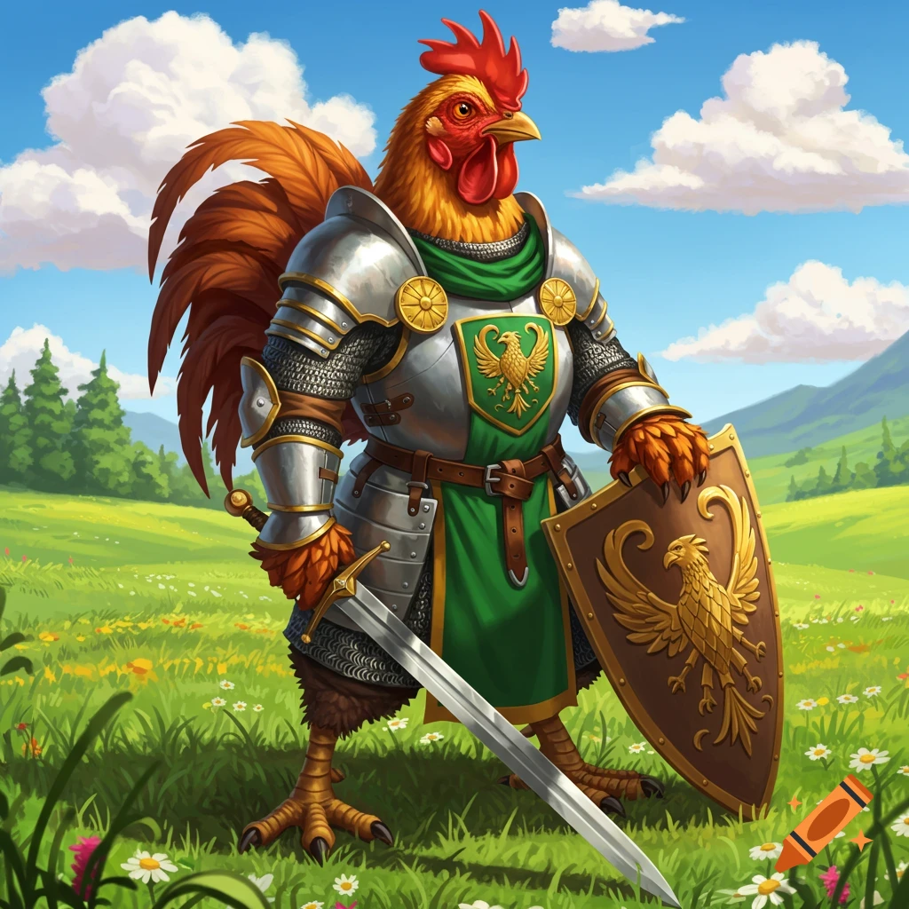 An anthropomorphic chicken knight in shining armor, holding a sword and a shield with an eagle emblem, stands in a flowery meadow under a blue sky.