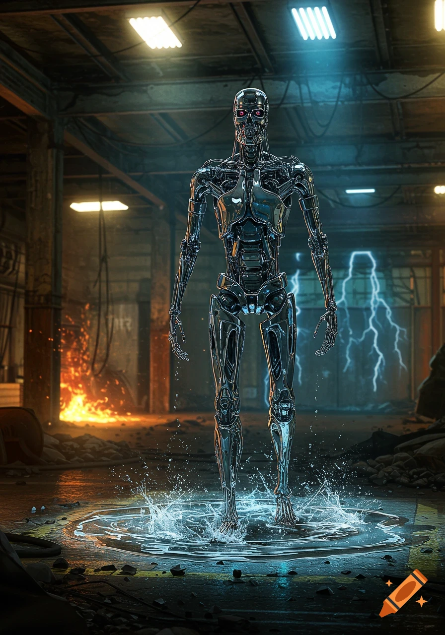 A chrome robot stands in a splashing puddle in a dark, industrial setting with fire on the left and lightning on the right.