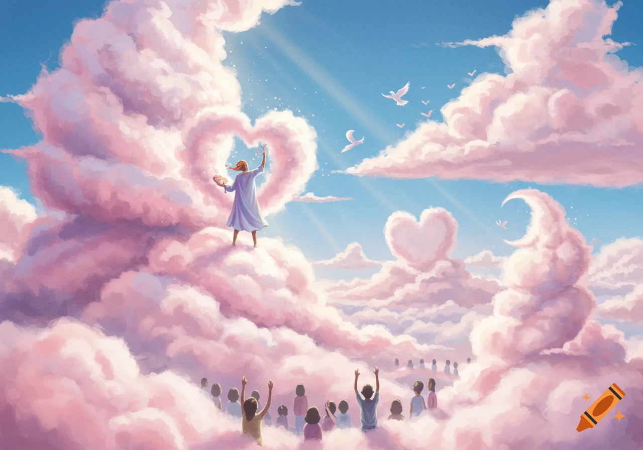 A person on pink clouds shapes a large heart, watched by a crowd in a dream-like sky.
