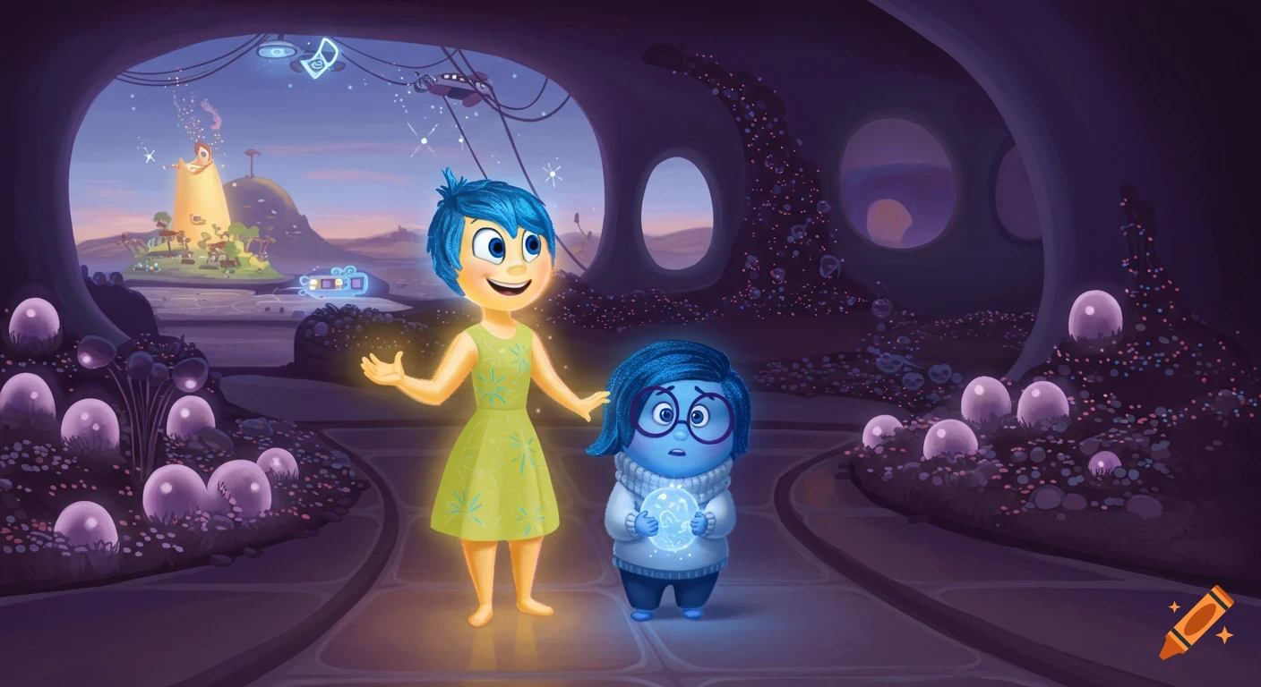 Joy and Sadness from Inside Out in a glowing, fantastical mental landscape. Joy glows yellow, Sadness holds a memory orb.