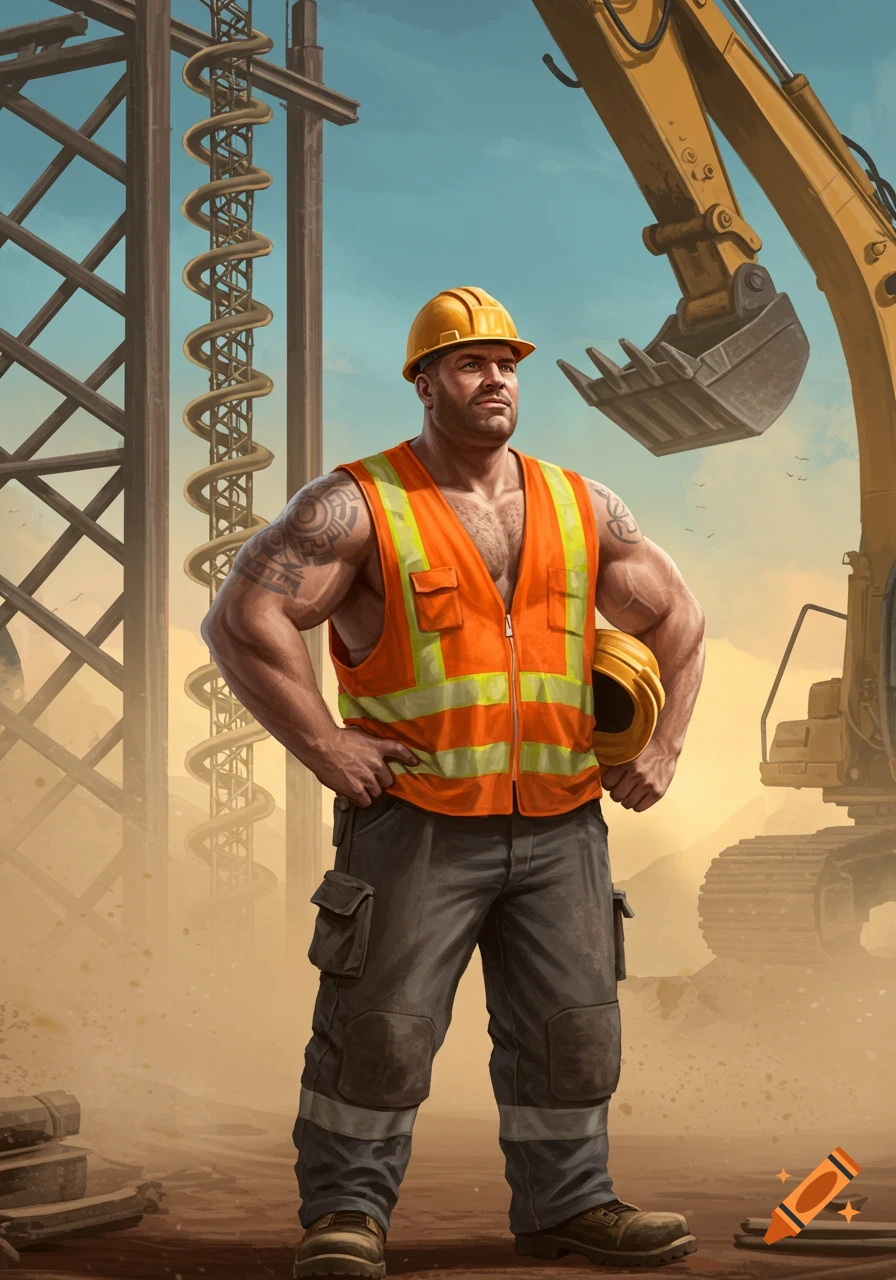 A muscular construction worker in an orange vest and hard hat stands at a dusty construction site with heavy machinery, in a digital art style.