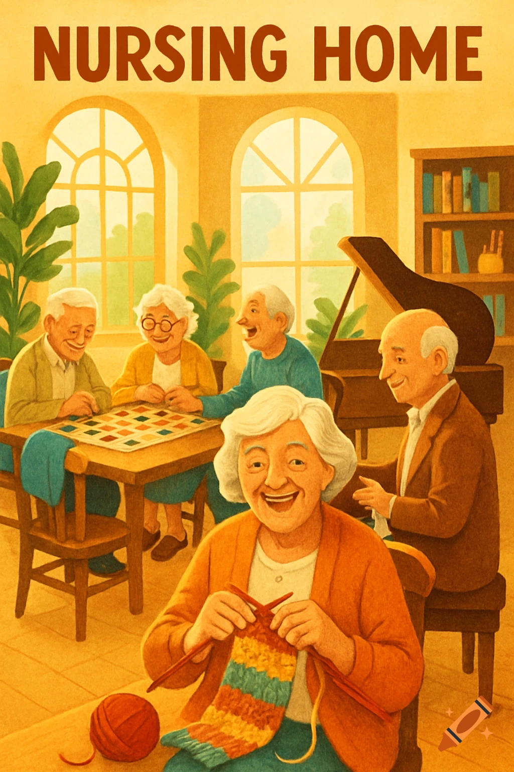 An illustration of happy elderly people knitting and playing a board game in a brightly lit nursing home. Text reads NURSING HOME.