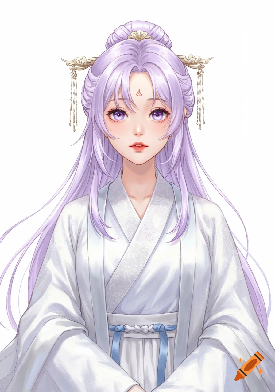 A cute anime girl with long lavender hair and gold hairpins, wearing a white hanfu with blue ribbons.