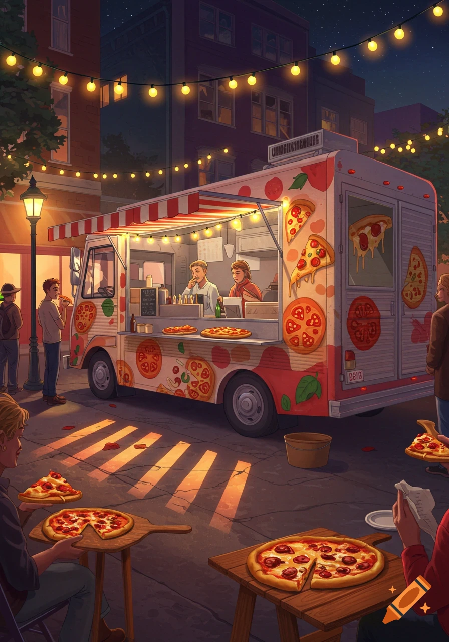 An illustrated scene of a pizza food truck serving customers on a lively city street at night, with warm string lights.