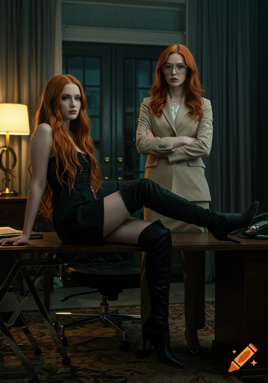 Photorealistic portrait of two red-haired women in an office. One sits on a desk in a short black dress, the other stands in a beige suit and glasses.