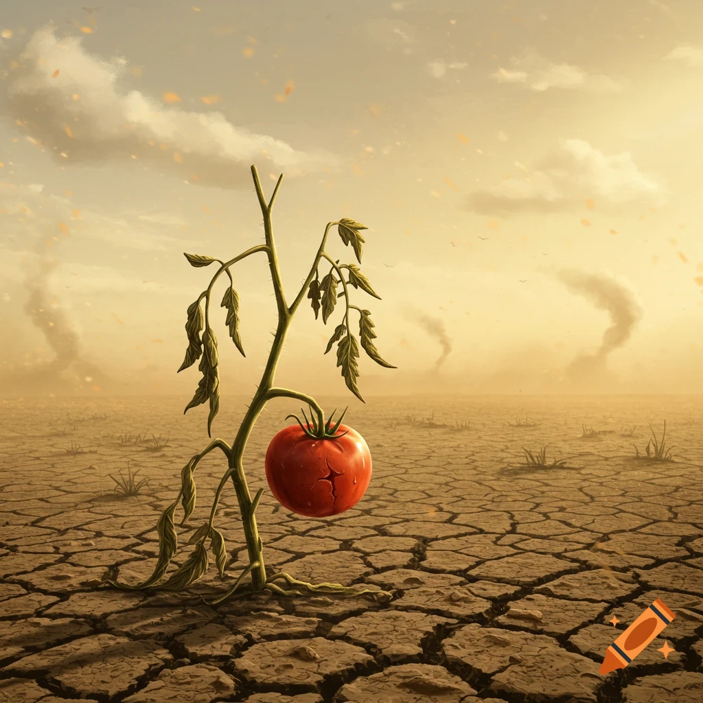 A lone, cracked red tomato hangs on a withered green plant rooted in vast, dry, cracked earth under a hazy golden sky with distant dust devils.